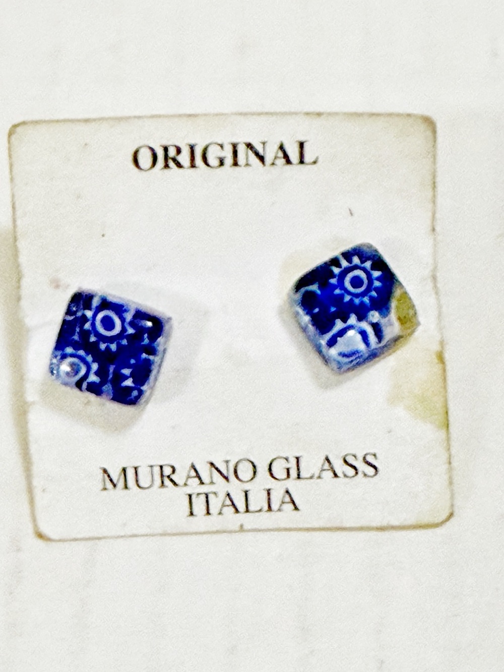 Vintage Murano Blue and White Floral Cube Stud Earrings